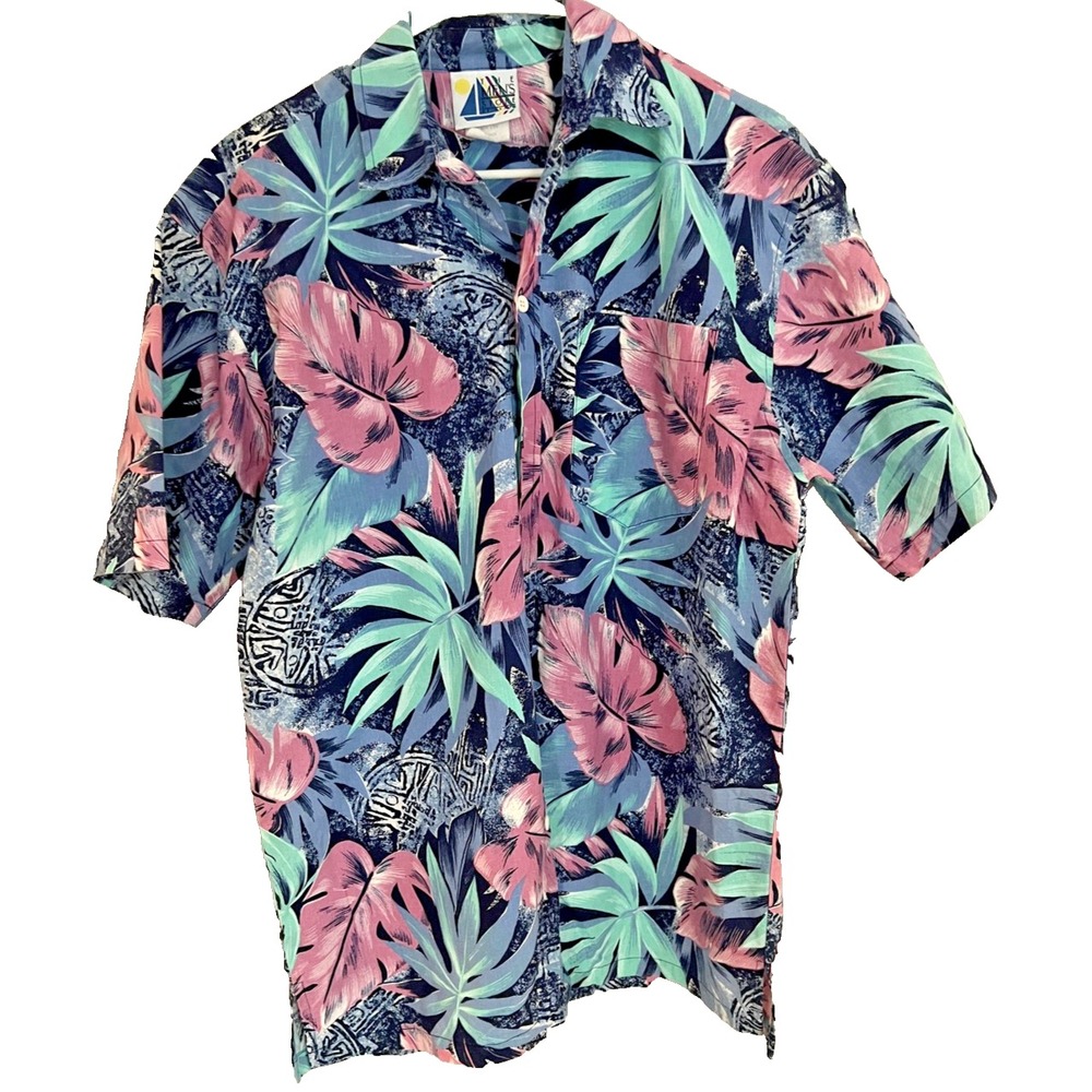 Vintage The Men's Store Shirt Mens Medium Blue Pink Green Leaf Hawaiian 90s USA